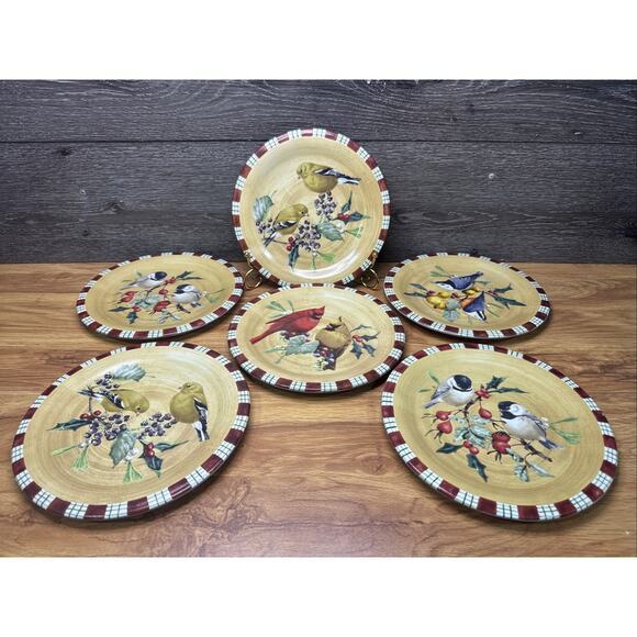 Lenox Winter Greetings Everday Tartan 8.5" Bird Salad/Dessert Plates -Set Of 6 - Picture 1 of 10